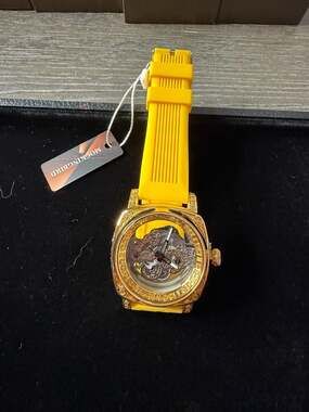 Mockingbird Skeleton Automatic Watch Gold Tone Open Heart Yellow Rubber Strap